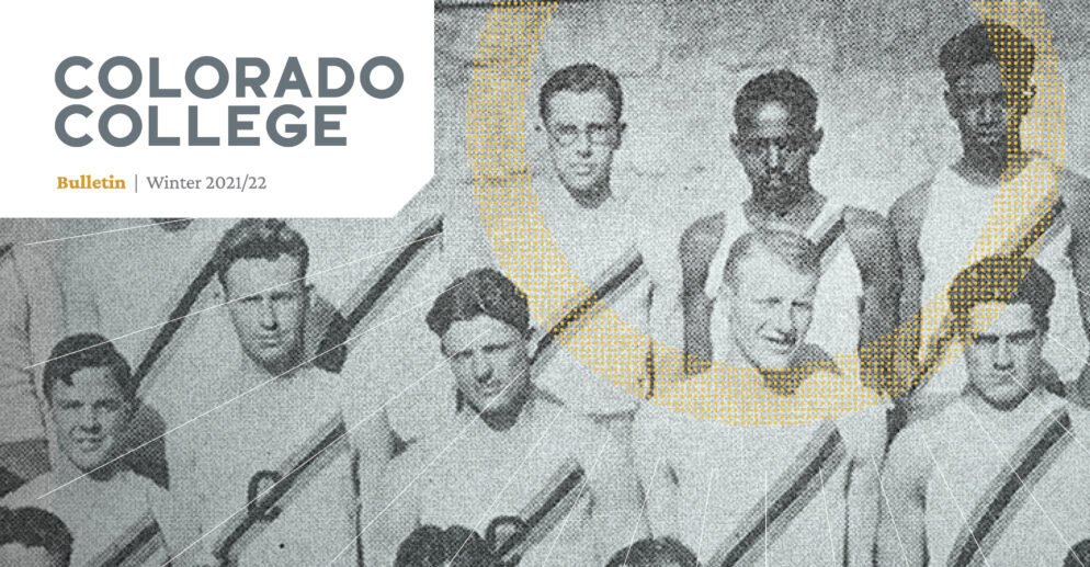 CC Bulletin Winter 2021-22; a historic photo of several athletes including a Black man who is highlighted